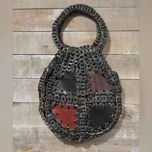 Leather Double big Woven 60s Vintage boho rustic handbag tote